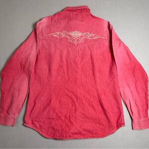 Women's Harley Davidson Denim Shirt small Red Western snap up embroidered Y2K